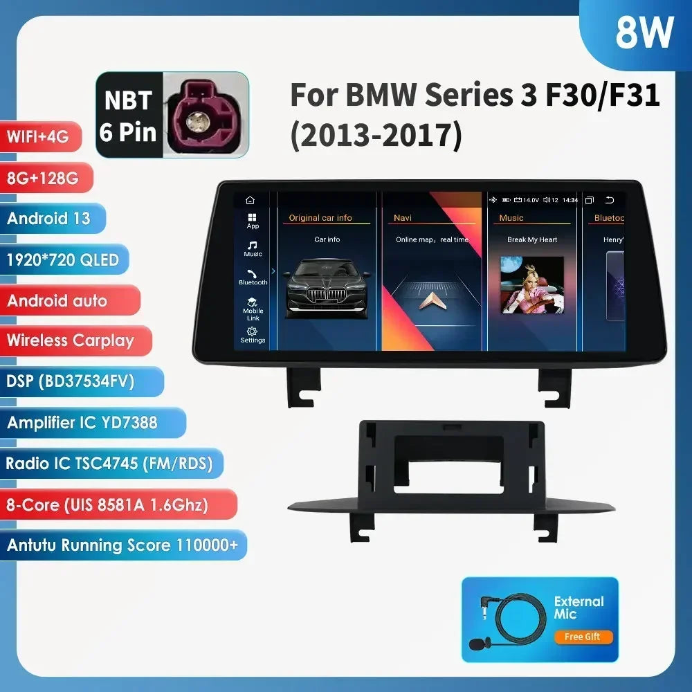BMW 3 BMW 4 Series F30 F31 NBT 10,25" Android 14 Carplay Android auto wireless wifi bt gps 4g AUTMYBR6