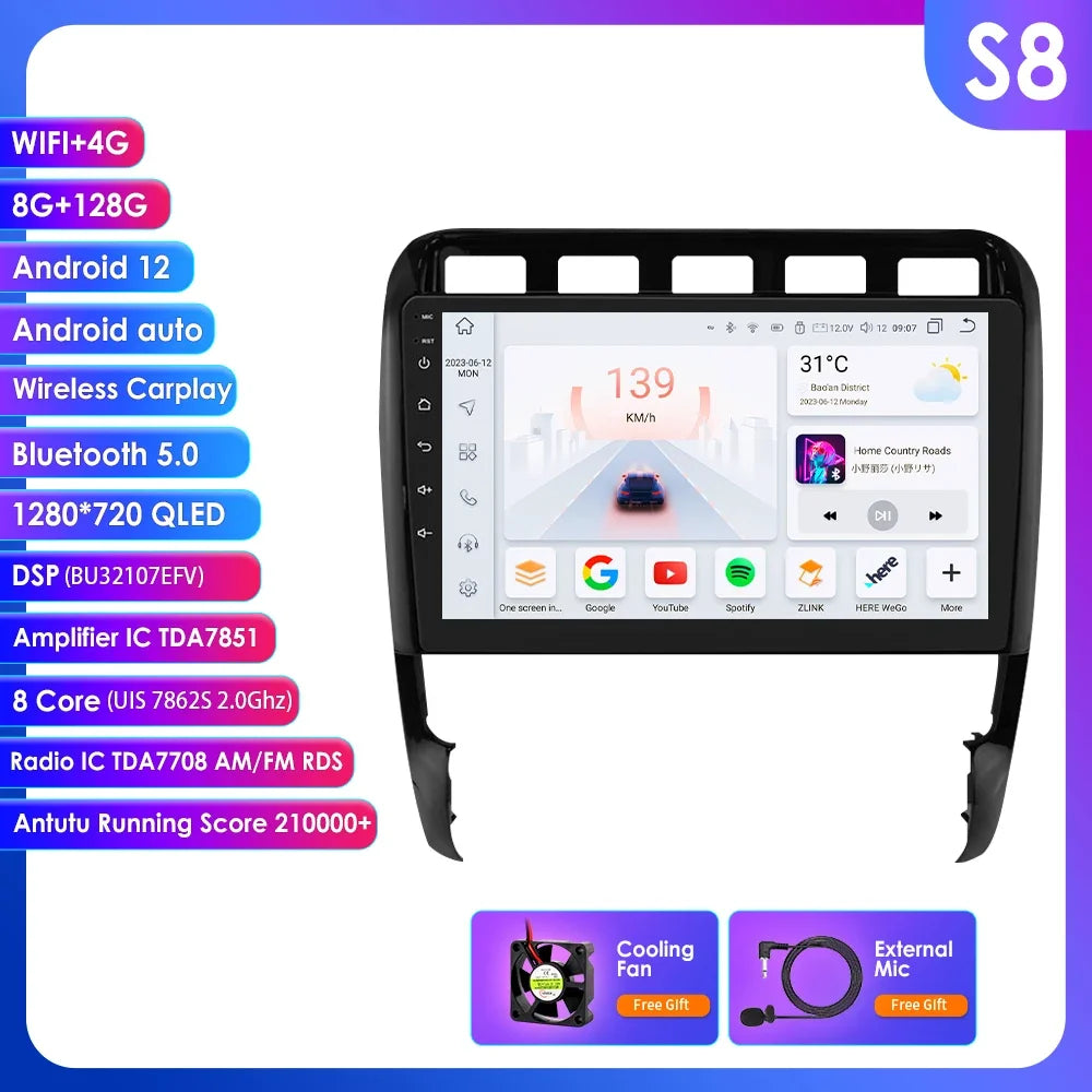 Porsche Cayenne 2002 - 2010 9" Android 14 Carplay Android auto wireless wifi bt gps 4g AUTM29SA