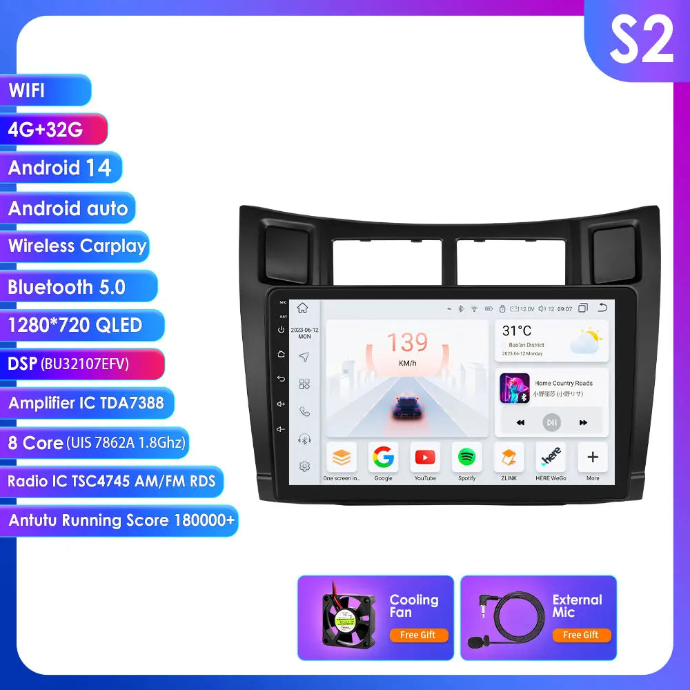 Toyota Yaris 2005-2012 9" Android 14 Carplay Android auto wireless wifi bt gps 4g AUTMT2N6