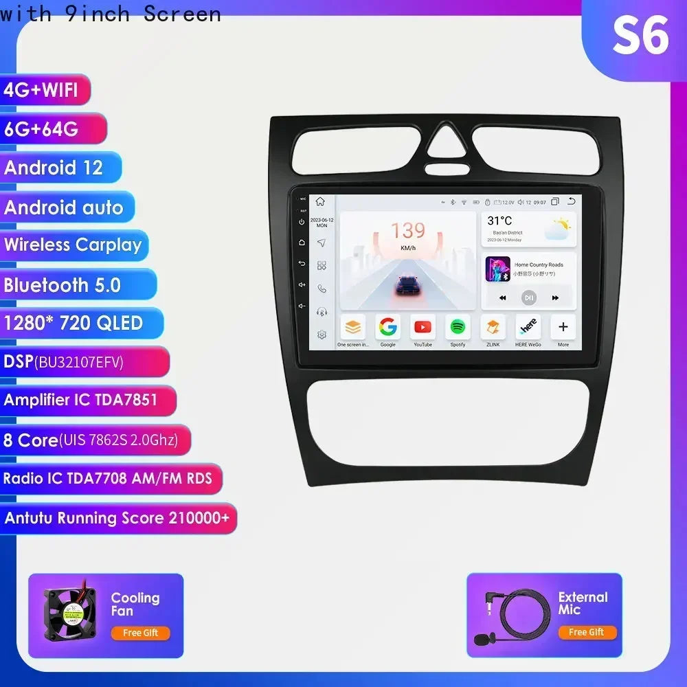 Mercedes-Benz A W168 C W203 G W463 Viano Vito CLK Class C209 1998-2006 9" Android 14 Carplay Android auto wireless wifi bt gps 4g AUTMZH0A