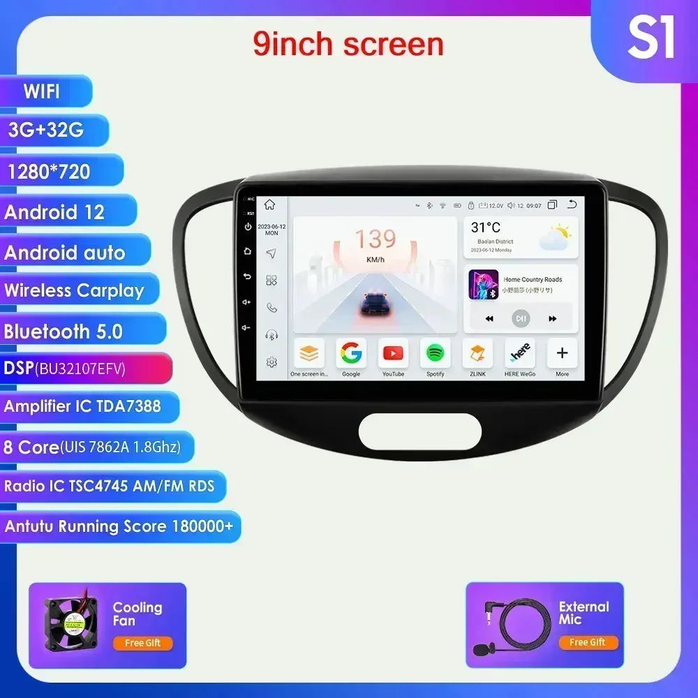 Hyundai I10 2007-2013 9"/10,33" Android 14 Carplay Android auto wireless wifi bt gps 4g AUTMMDSZ