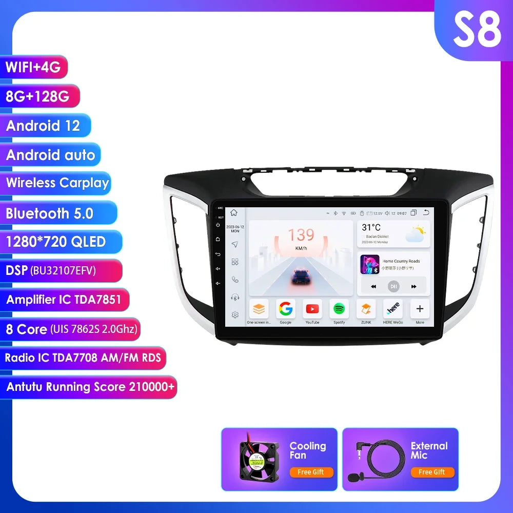 Hyundai Creta Ix25 2015 - 2019 10,1" Android 14 Carplay Android auto wireless wifi bt gps 4g AUTM4S9U