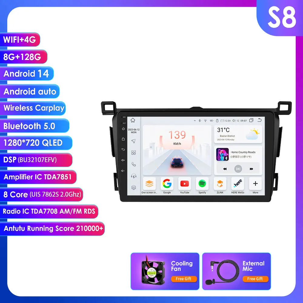 Toyota RAV4 Rav 4 2013-2018 9" Android 14 Carplay Android auto wireless wifi bt gps 4g AUTM4VARTY