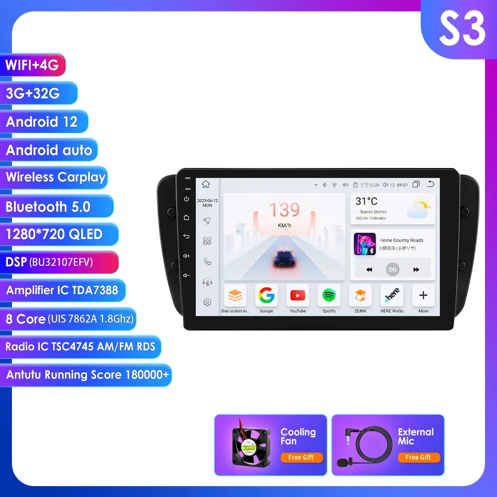 Seat Ibiza 6j 2009 - 2013 9" Android 14 Carplay Android auto wireless wifi bt gps 4g AUTMZM57
