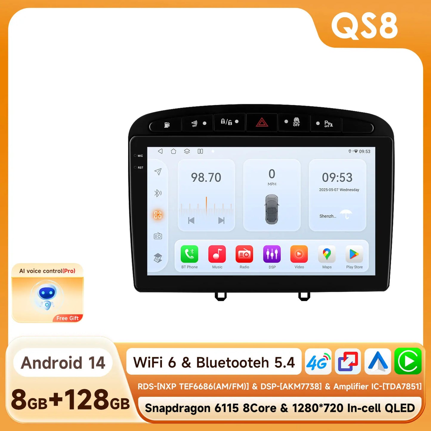 Peugeot 308 308SW Peugeot 9" Android 14 Carplay Android auto wireless wifi bt gps 4g AUTMAJNZ
