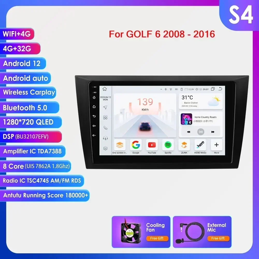 Volkswagen Golf 6 2008 - 2016 9" Android 14 Carplay Android auto wireless wifi bt gps 4g AUTM2L0X