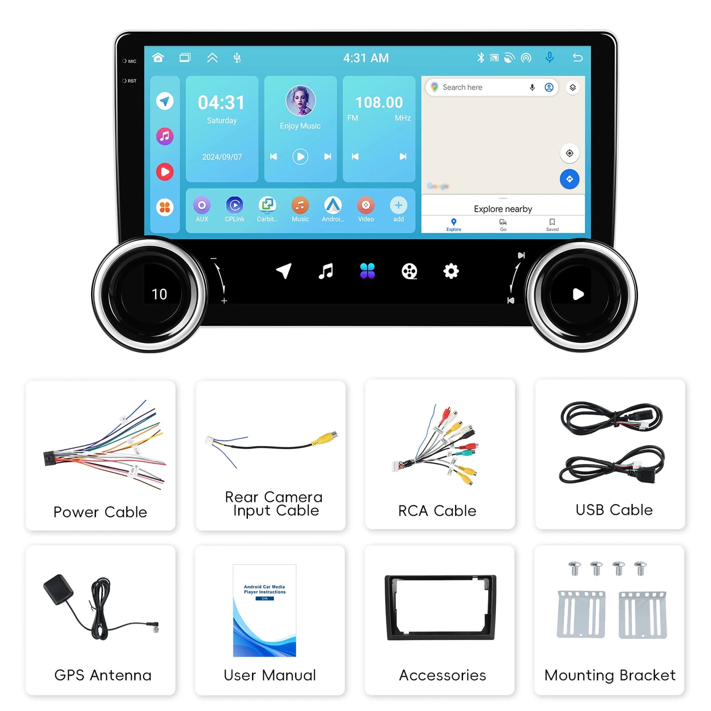 Autoradio 2Din 4+64G/6+128G Quadcore Lettore multimediale da 10,1'' con doppia manopola WIFI Carplay Android Auto Navigazione GPS AUTMUNICXZ