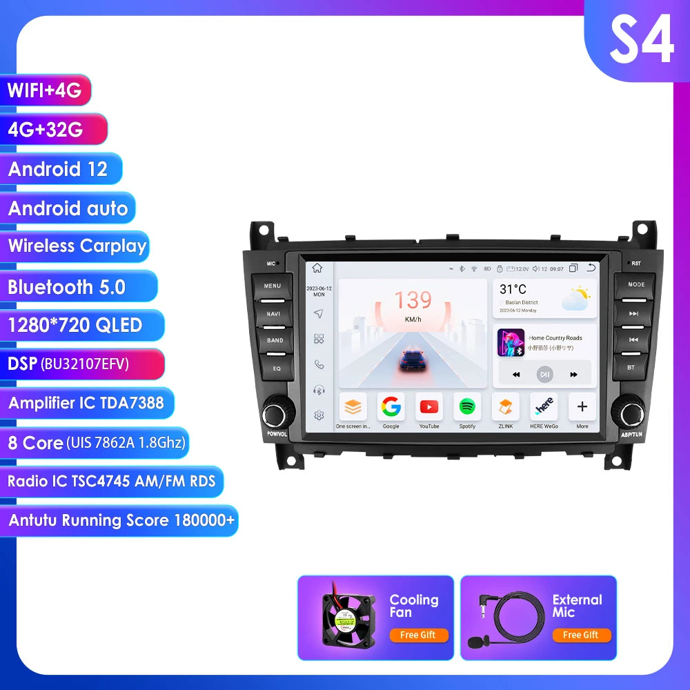 Mercedes Benz C-Class W203/CLC W203 CLK W209 9" Android 14 Carplay Android auto wireless wifi bt gps 4g AUTMENK8