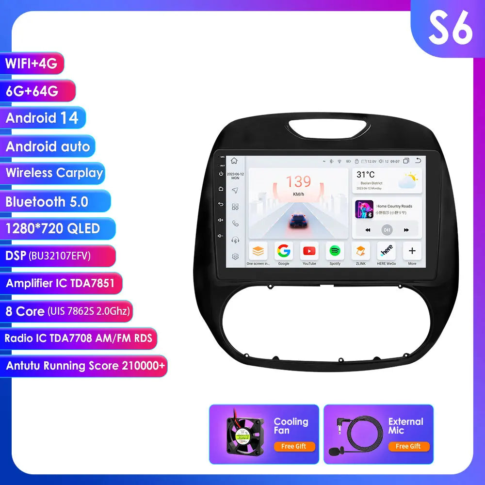 Renault Kaptur Captur 2016-2019 9" Android 14 Carplay Android auto wireless wifi bt gps 4g AUTMG9L6
