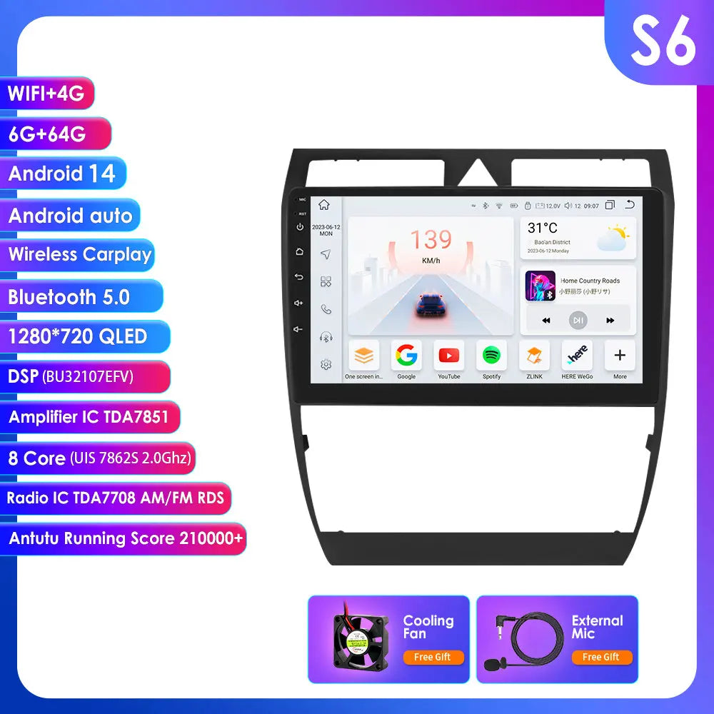 Audi A6 C5 1997-2004 S6 RS6 9" Android 14 Carplay Android auto wireless wifi bt gps 4g AUTMA9VK