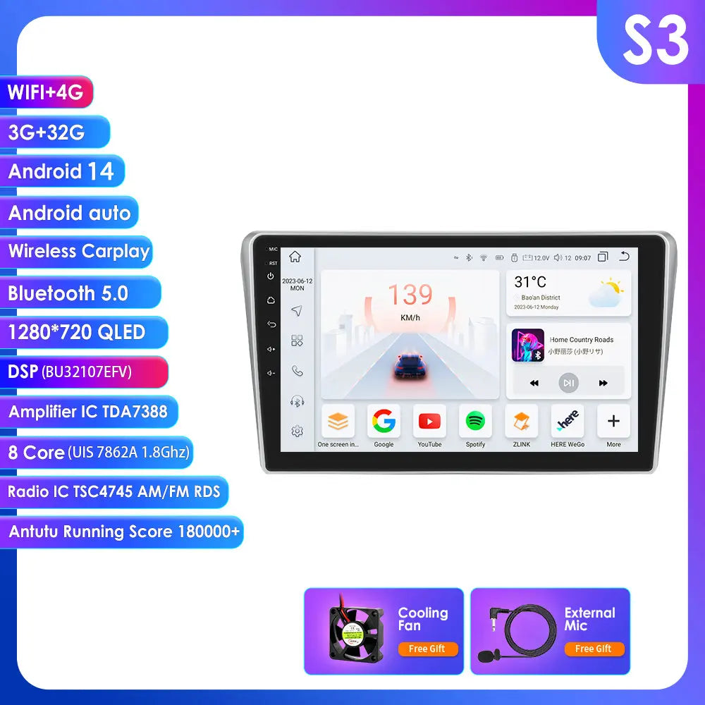 Toyota Avensis T25 2002- 2008 9" Android 14 Carplay Android auto wireless wifi bt gps 4g AUTM01HZ