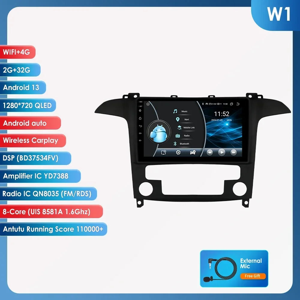 Ford S Max S-MAX 2007-2015 9" Android 14 Carplay Android auto wireless wifi bt gps 4g AUTMUZ3Y