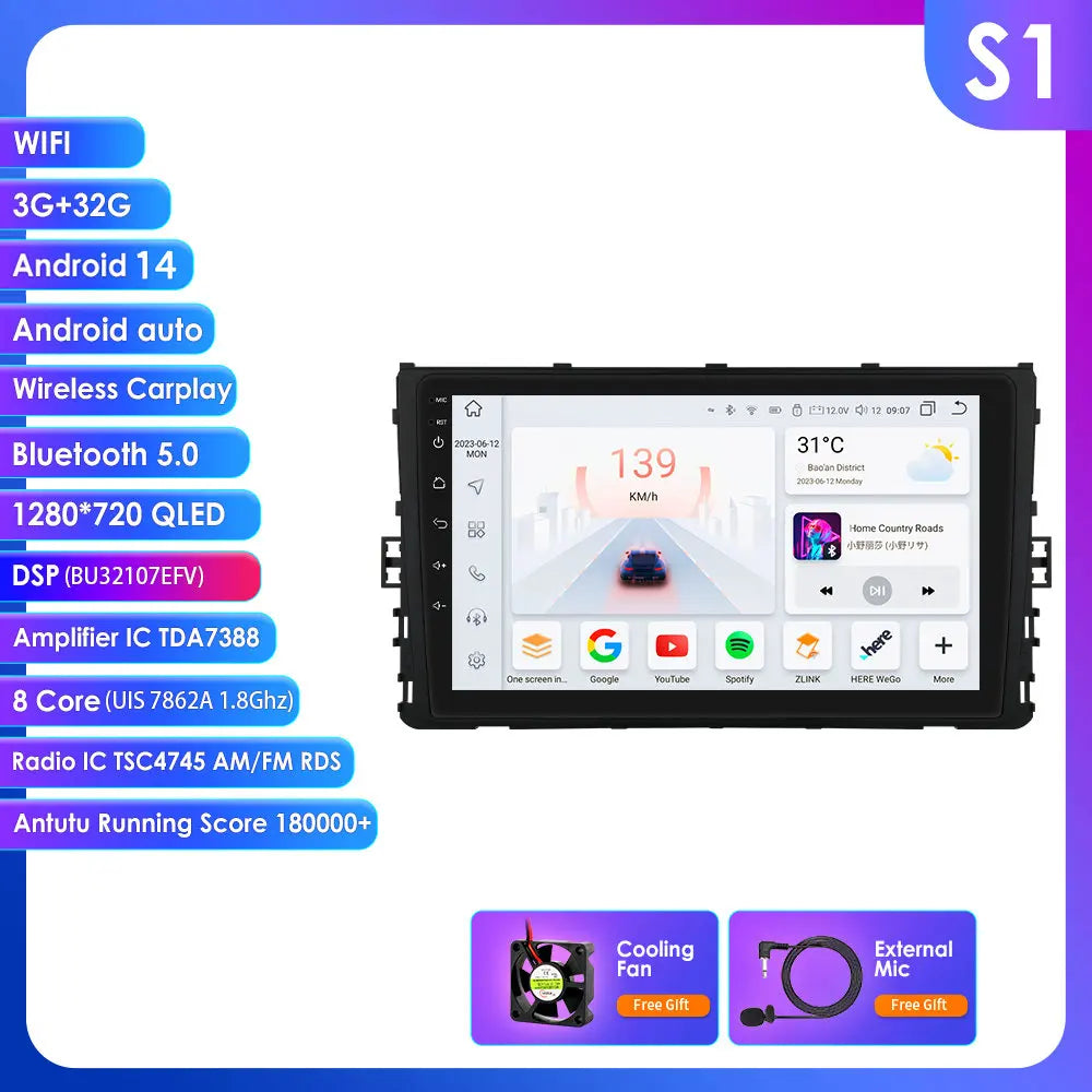 VW MQB Polo Plus T-Cross Zoals T-Kruis T-Roc Tharu Sagitar 9" Android 14 Carplay Android auto wireless wifi bt gps 4g AUTMLMGF