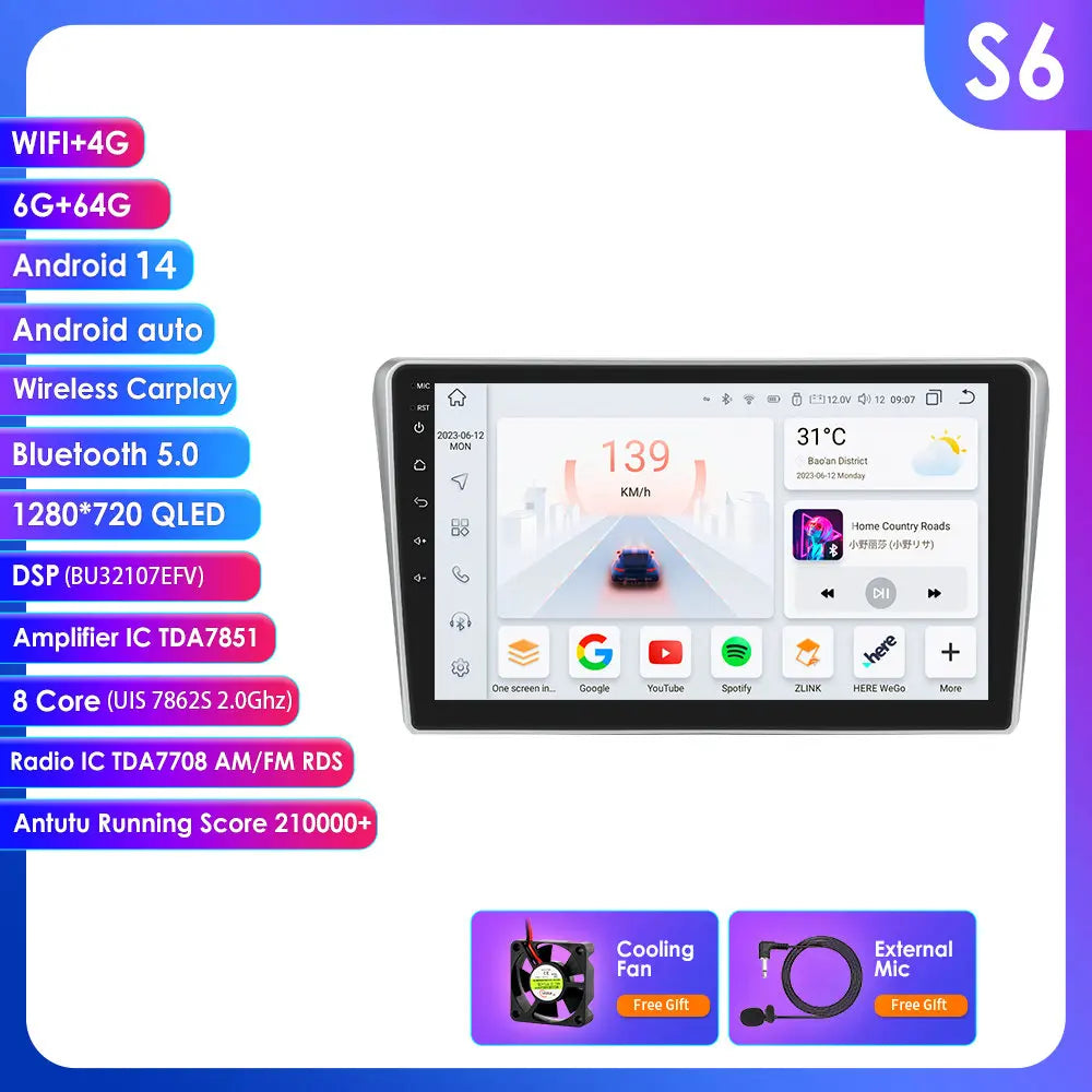Toyota Avensis T25 2002- 2008 9" Android 14 Carplay Android auto wireless wifi bt gps 4g AUTM01HZ