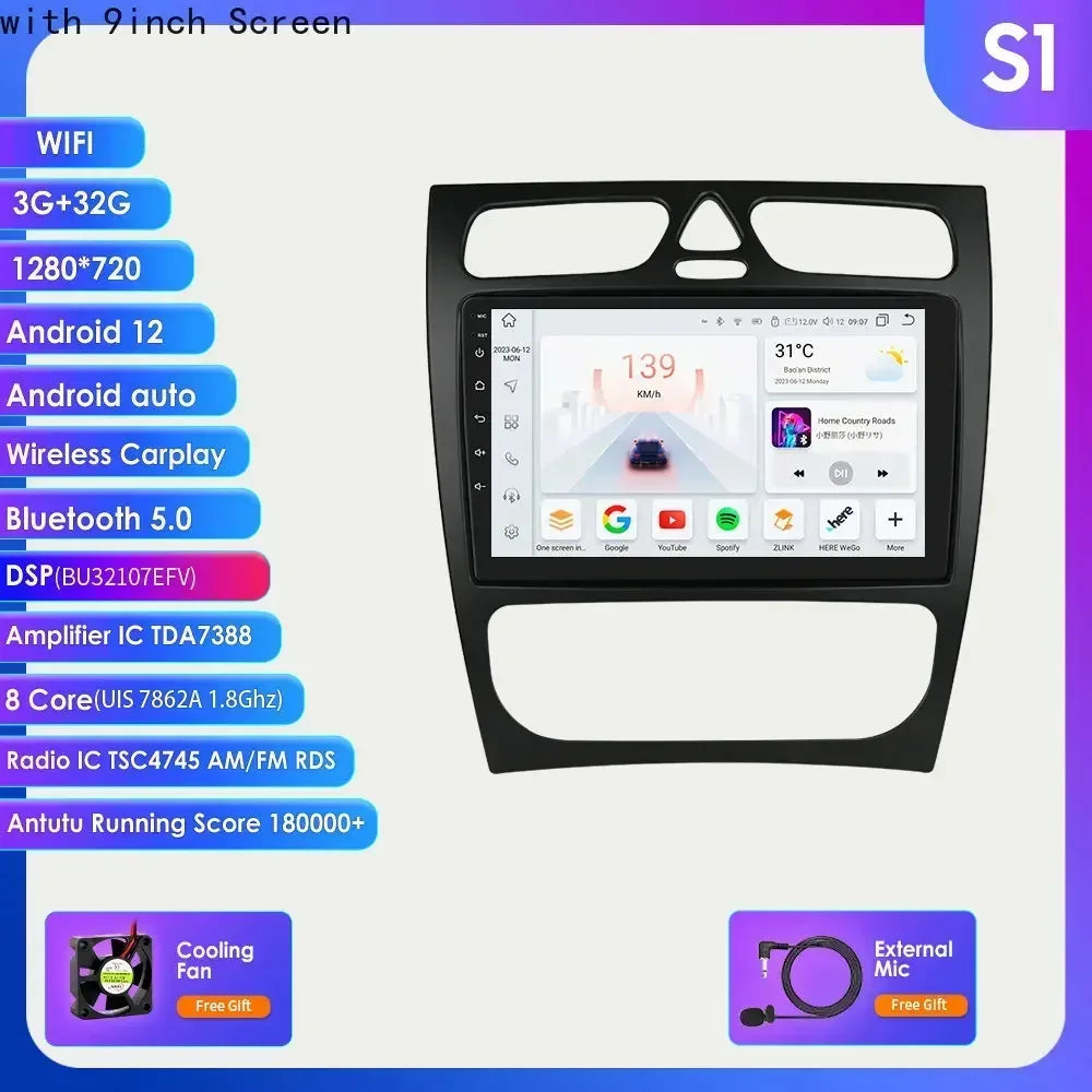 Mercedes-Benz A W168 C W203 G W463 Viano Vito CLK Class C209 1998-2006 9" Android 14 Carplay Android auto wireless wifi bt gps 4g AUTMZH0A