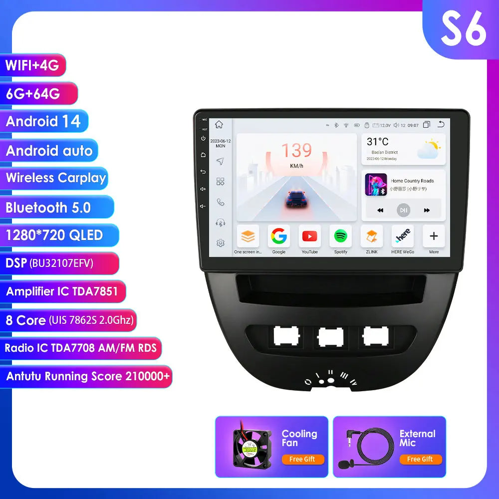 Peugeot 107 Toyota Aygo Citroen C1 9" Android 14 Carplay Android auto wireless wifi bt gps 4g AUTMH3FI