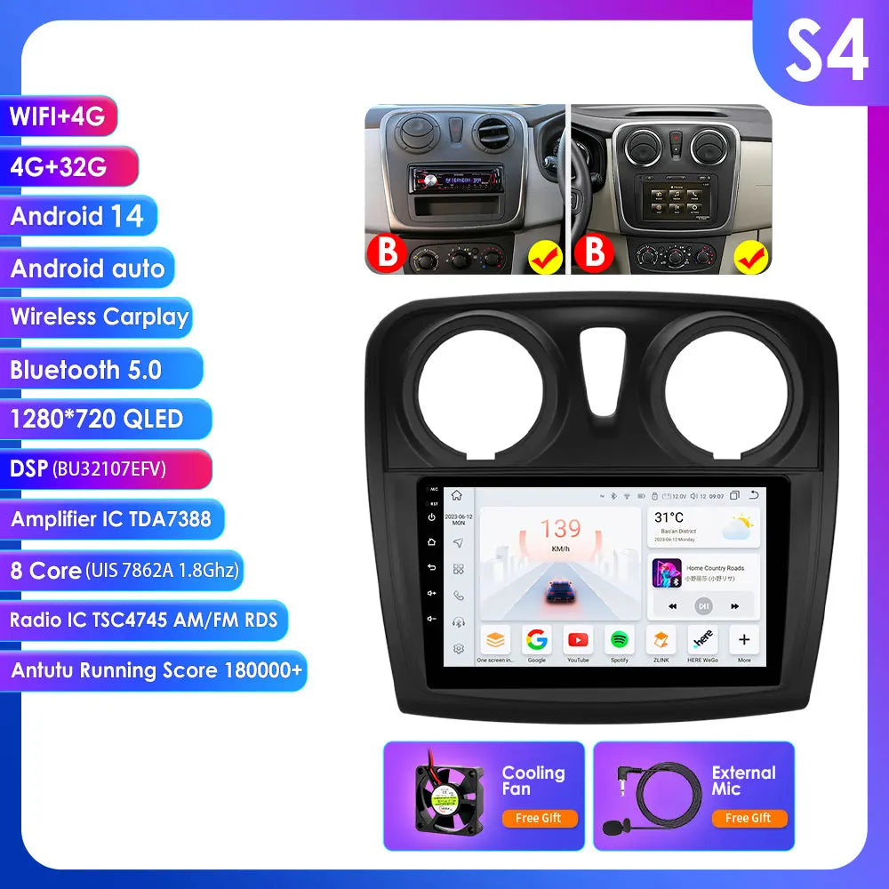 Dacia Logan 2 II Sandero 2 2012-2019 9" Android 14 Carplay Android auto wireless wifi bt gps 4g AUTMH2D9