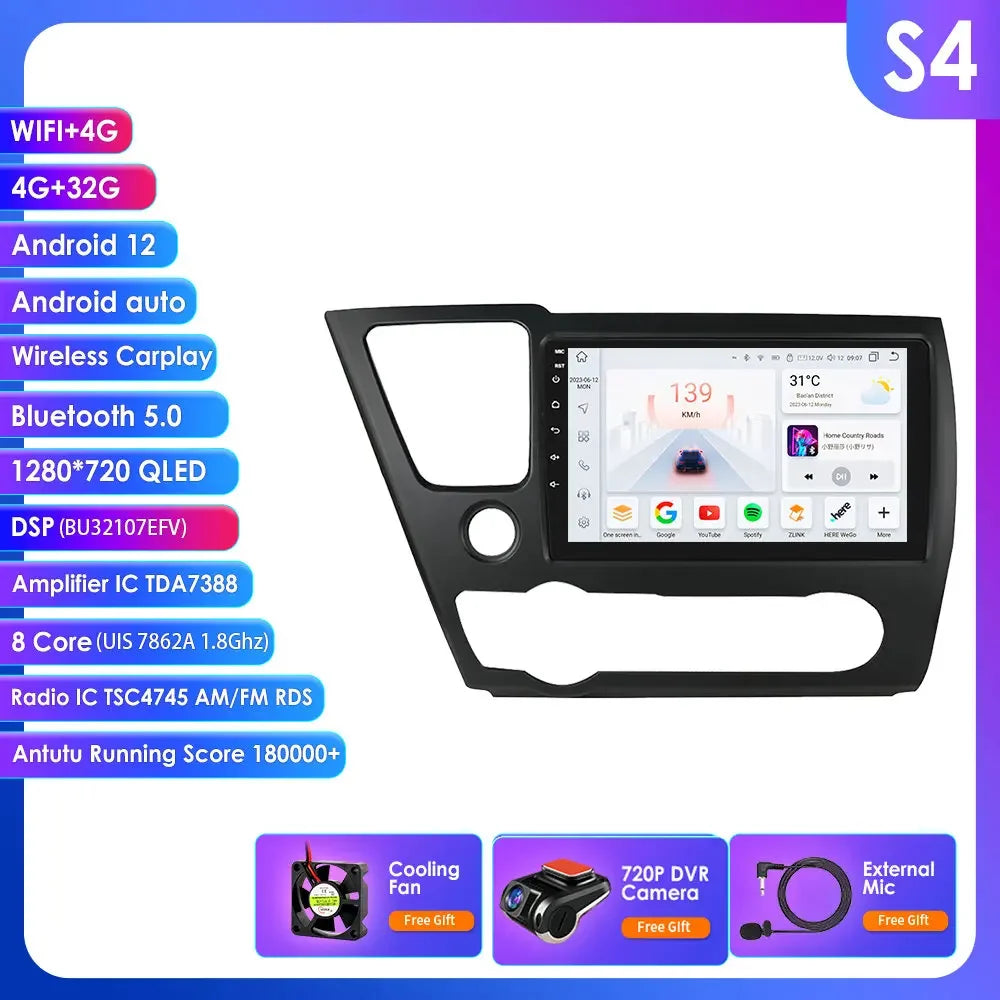 Honda Civic 2013-2016 9" Android 14 Carplay Android auto wireless wifi bt gps 4g AUTMCTVR7