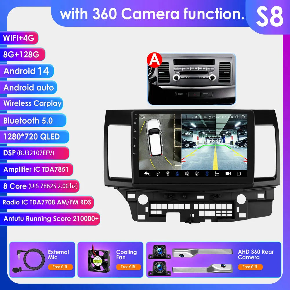 Mitsubishi Lancer 2007-2012 9" Android 14 Carplay Android auto wireless wifi bt gps 4g AUTMLCRMT