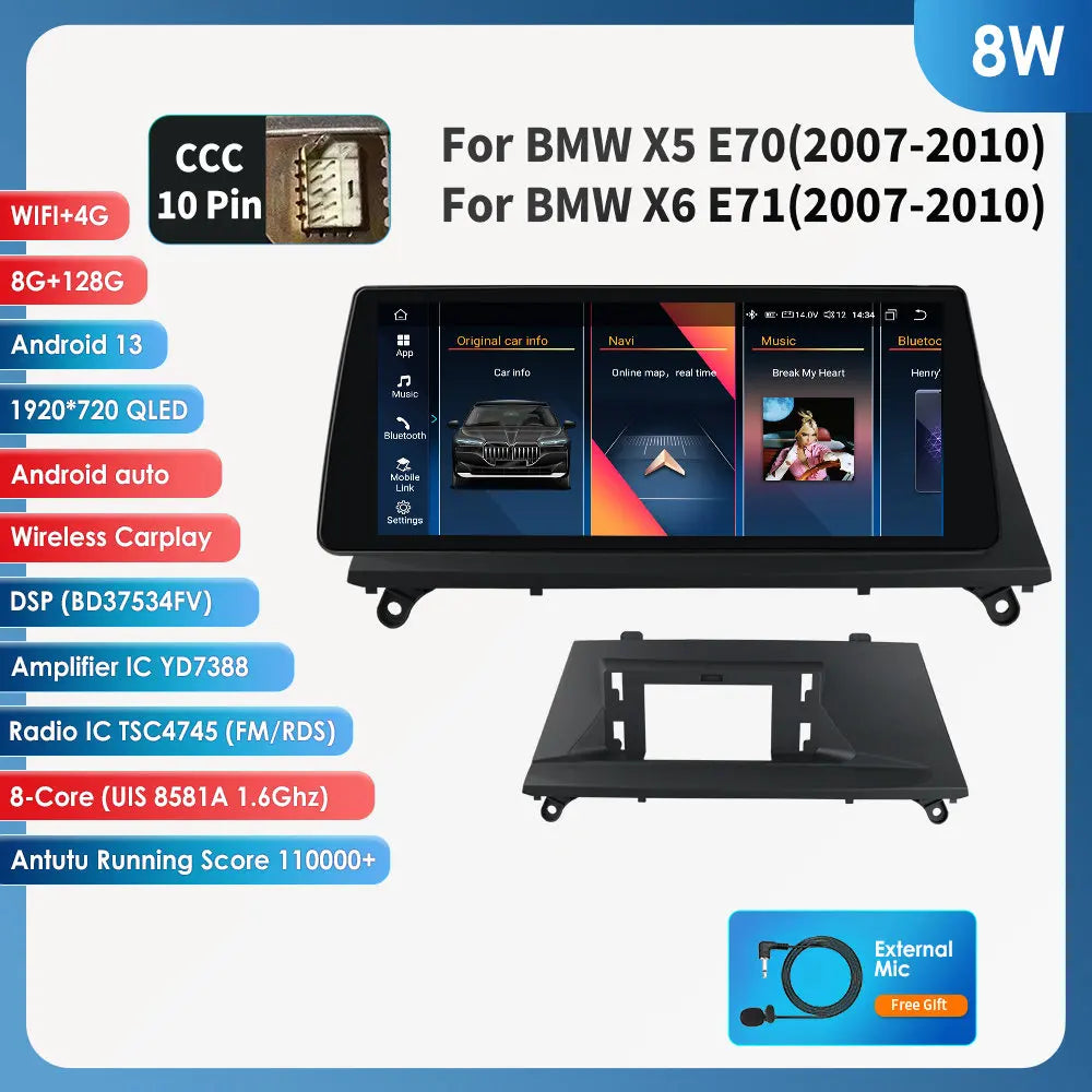 BMW X5 E70 X6 E71 CCC CIC 10,25" Android 14 Carplay Android auto wireless wifi bt gps 4g AUTM9L6U