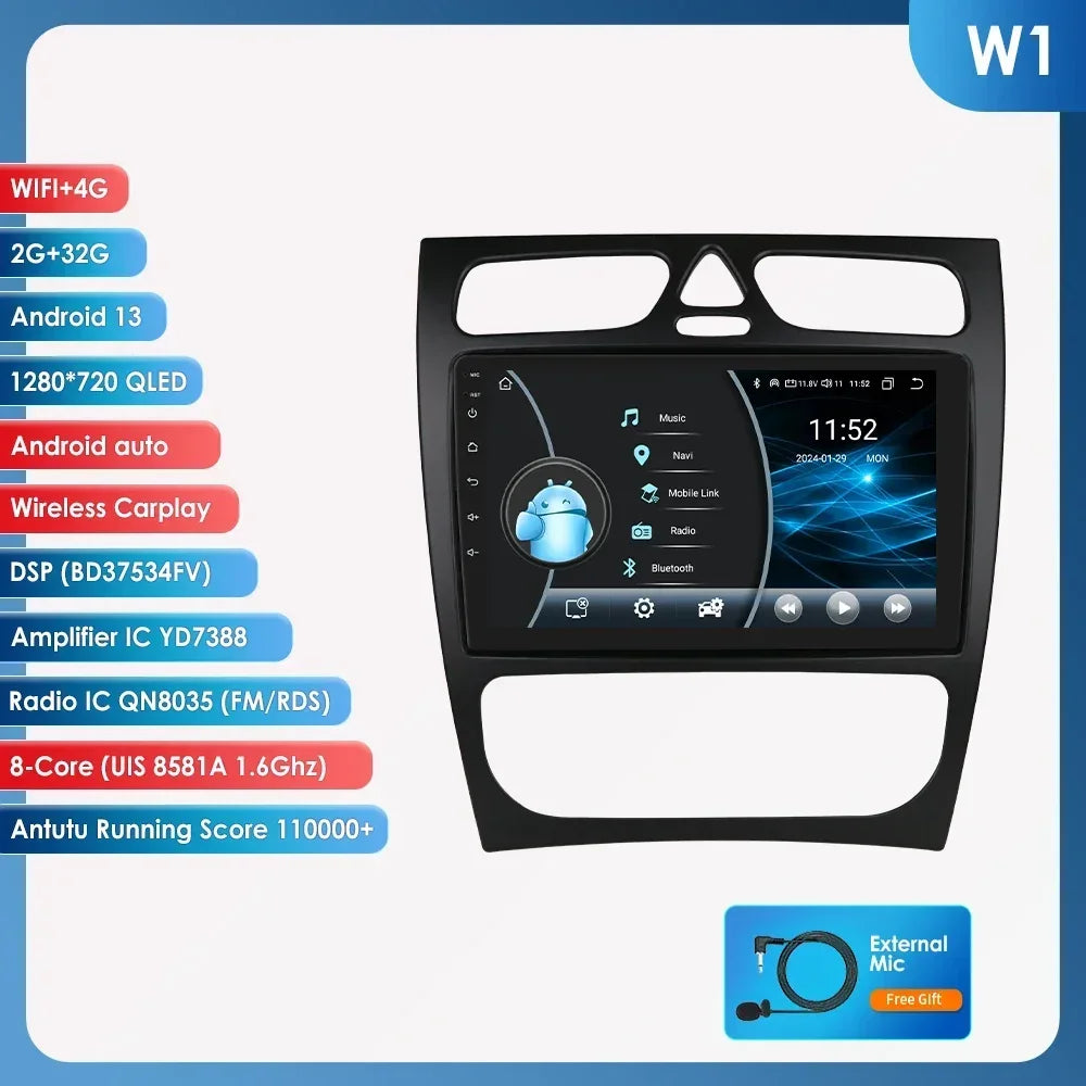 Mercedes-Benz A W168 C W203 G W463 Viano Vito CLK Class C209 1998-2006 9" Android 14 Carplay Android auto wireless wifi bt gps 4g AUTMZH0A