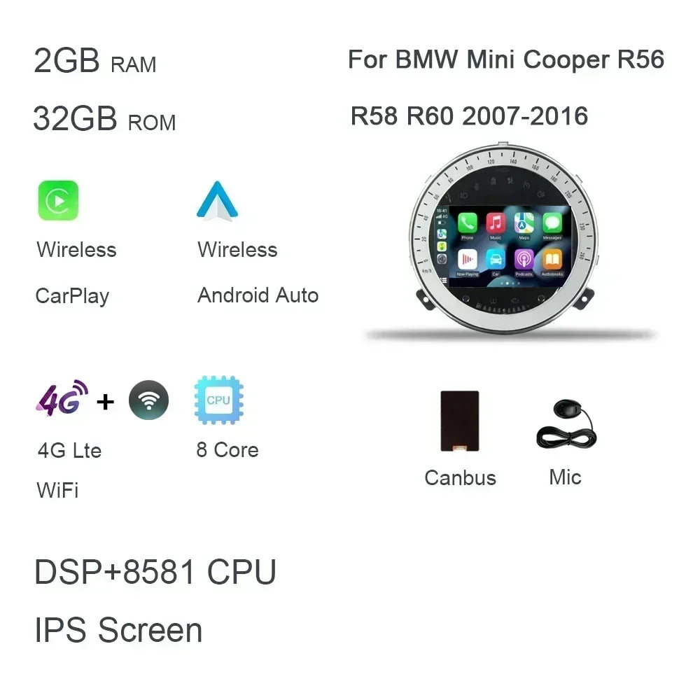 BMW Mini Cooper R55 R56 R57 R58 R60 2007-2013 Wireless Carplay DSP 8GB 128GB 7 " Android 13.0 Car Radio Player multimedia AUTMBMMYA