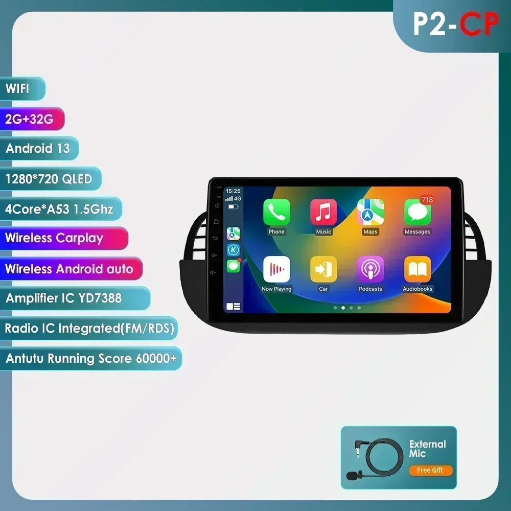 FIAT 500 2007-2015 9" Android 14 Carplay Android auto wireless wifi bt gps 4g AUTMMD9W