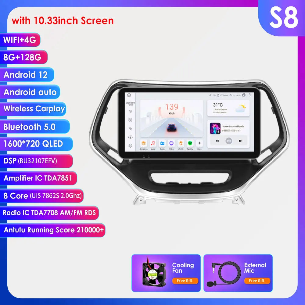 Jeep Cherokee 5 KL 2015 - 2018 9" / 10,33" Android 14 Carplay Android auto wireless wifi bt gps 4g AUTMHSWS
