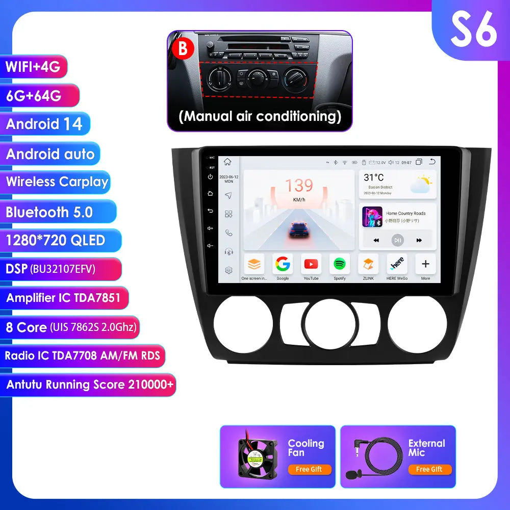 BMW 1 Series E81 E82 E87 E88 2004-2011 9" Android 14 Carplay Android auto wireless wifi bt gps 4g AUTM9KFA