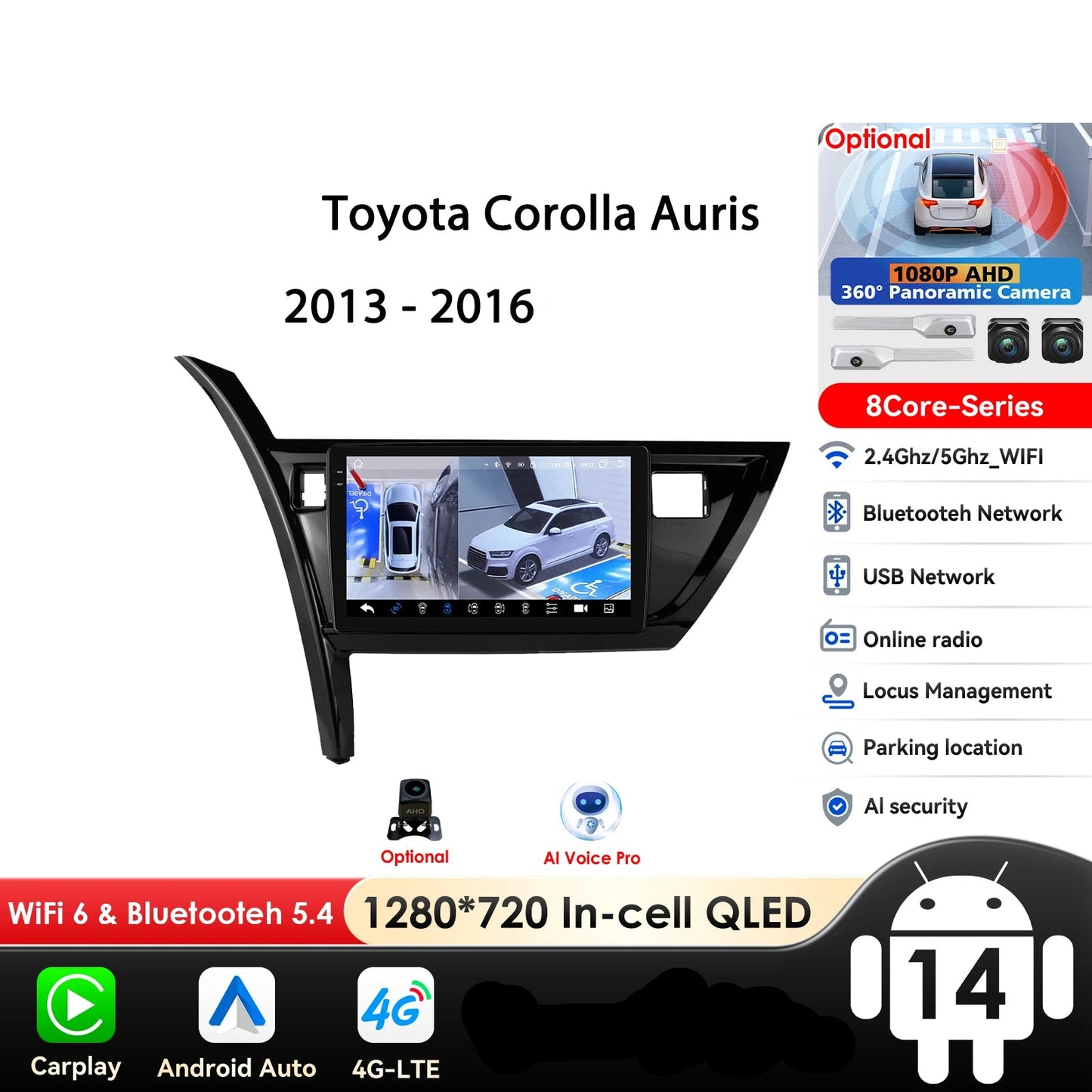 Toyota Auris Corolla 2013-2016 9" Android 14 Carplay Android auto wireless wifi bt gps 4g AUTMRSRTD