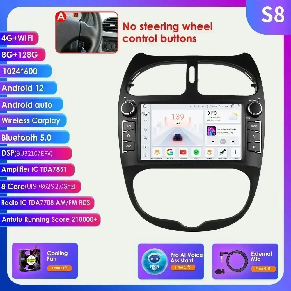 Peugeot 206 206CC 206SW 2000-2008 9" Android 14 Carplay Android auto wireless wifi bt gps 4g AUTM9GQB