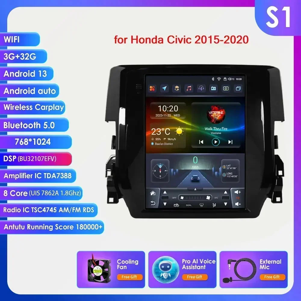 Honda Civic 2015-2020 9.7" Android 14 Carplay Android auto wireless wifi bt gps 4g AUTMCVCH3