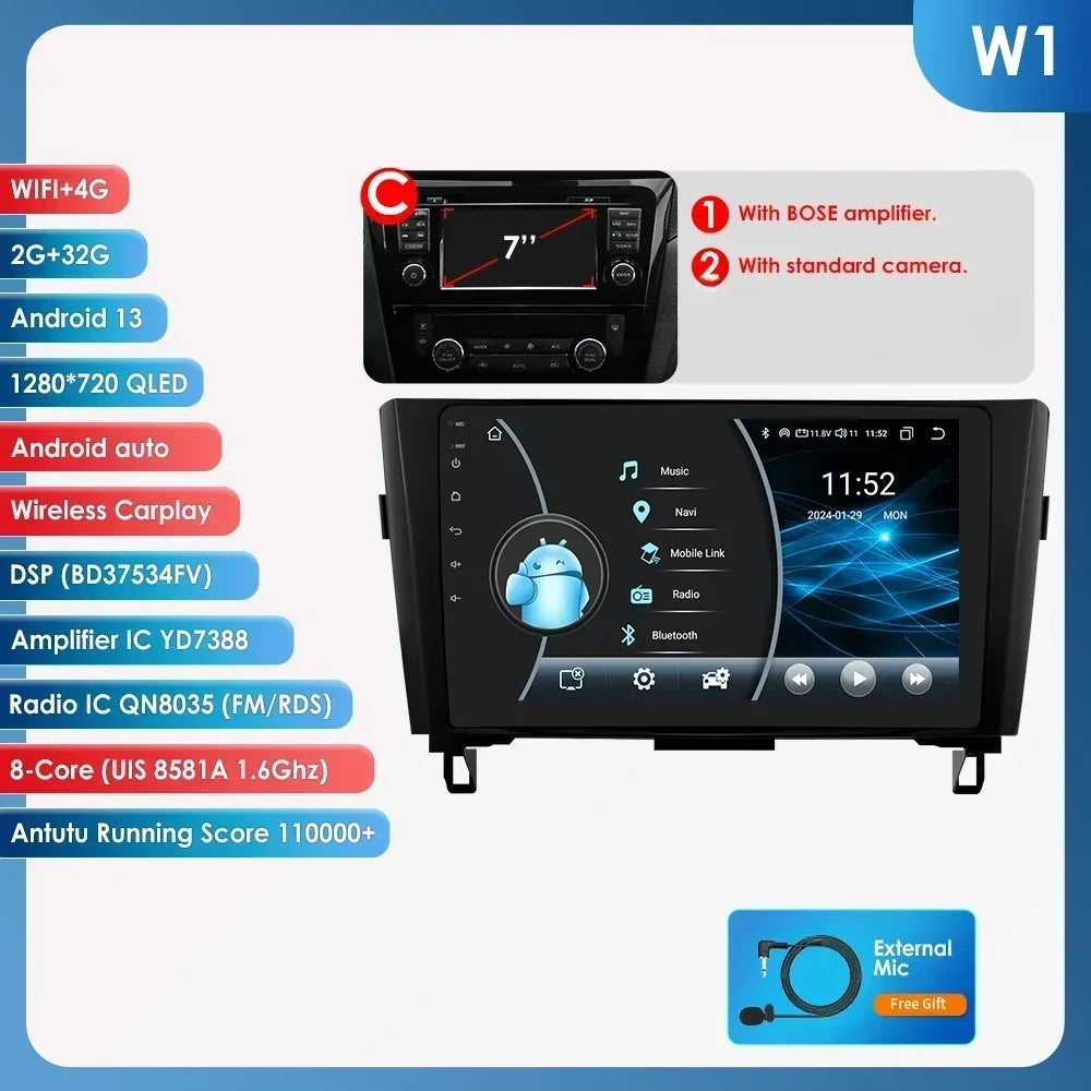 Nissan X-Trail Xtrail X Trail 3 T32 Qashqai 2 J11 2014-2018 10" Android 14 Carplay Android auto wireless wifi bt gps 4g AUTMSINJ11