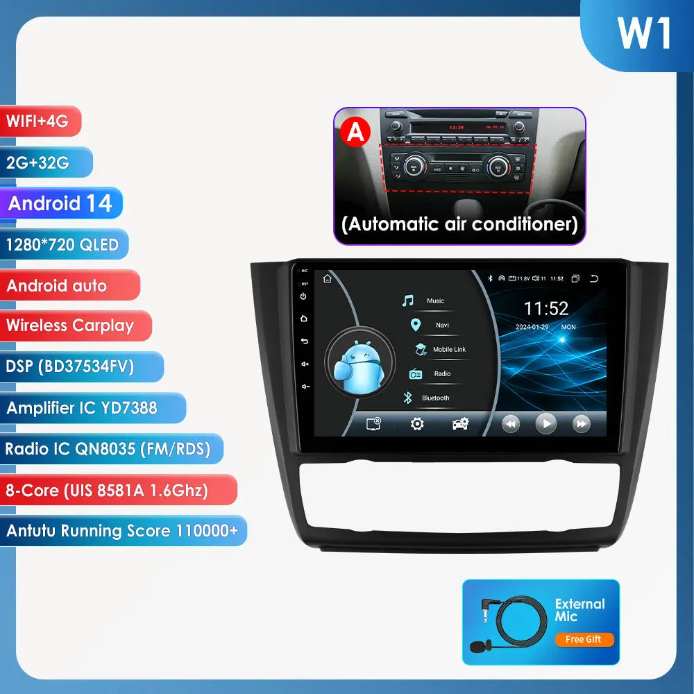 BMW 1 Series E81 E82 E87 E88 2004-2011 9" Android 14 Carplay Android auto wireless wifi bt gps 4g AUTM9KFA