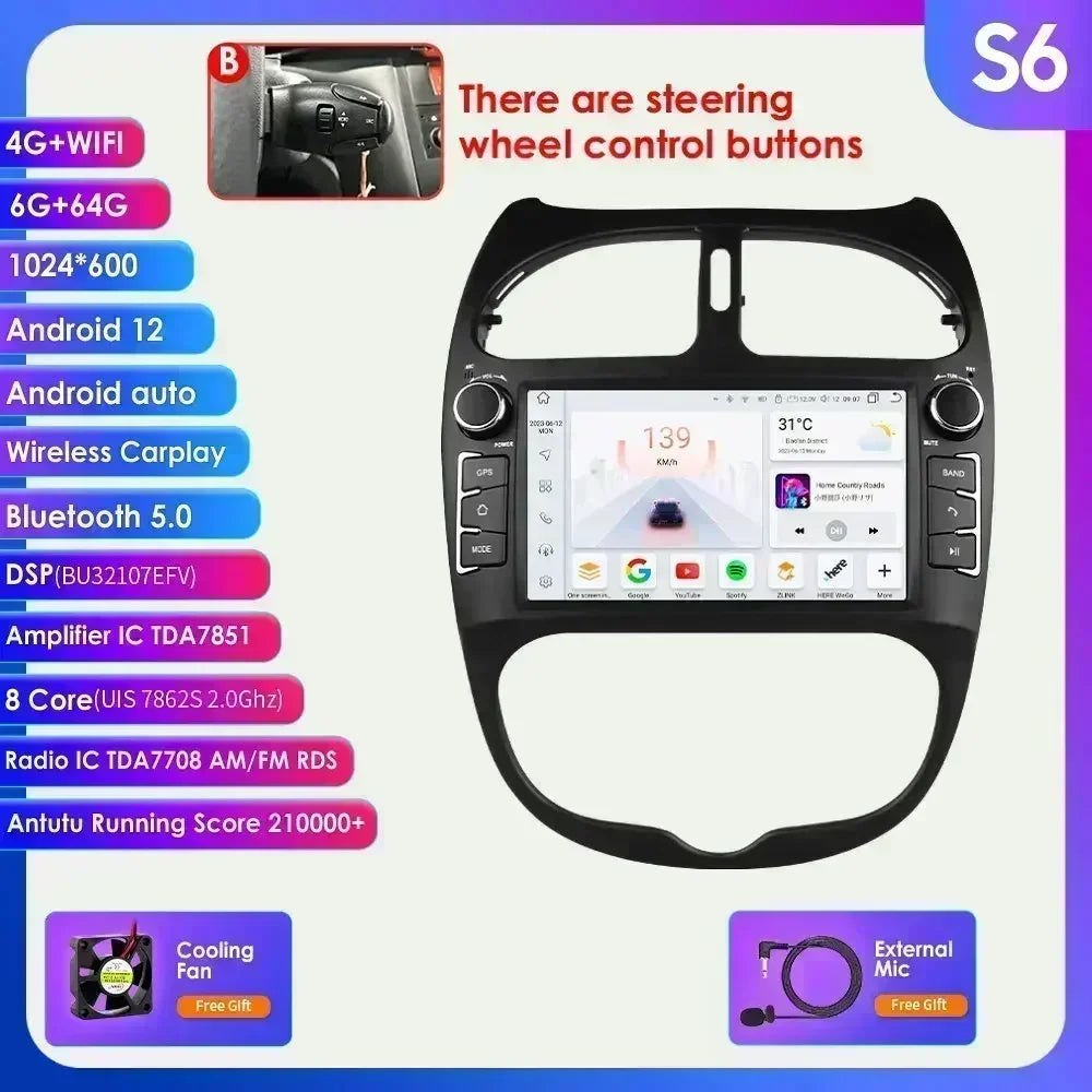 Peugeot 206 206CC 206SW 2000-2008 9" Android 14 Carplay Android auto wireless wifi bt gps 4g AUTM9GQB