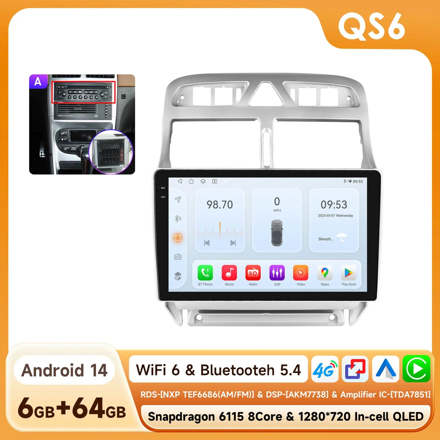 Peugeot 307 SW 307CC 307SW 2002 - 2013 9" Android 14 Carplay Android auto wireless wifi bt gps 4g AUTMRUTY