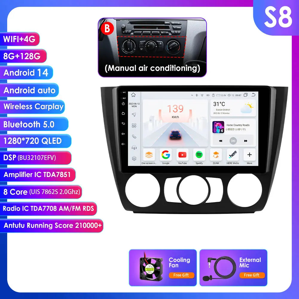 BMW 1 Series E81 E82 E87 E88 2004-2011 9" Android 14 Carplay Android auto wireless wifi bt gps 4g AUTM9KFA