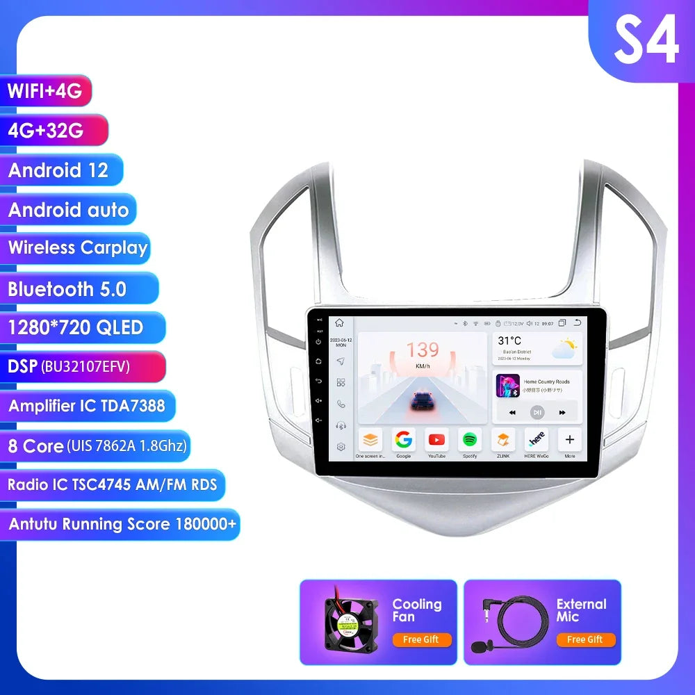 Chevrolet Cruze J300 J308 2012-2015 9" Android 14 Carplay Android auto wireless wifi bt gps 4g AUTMSCX3