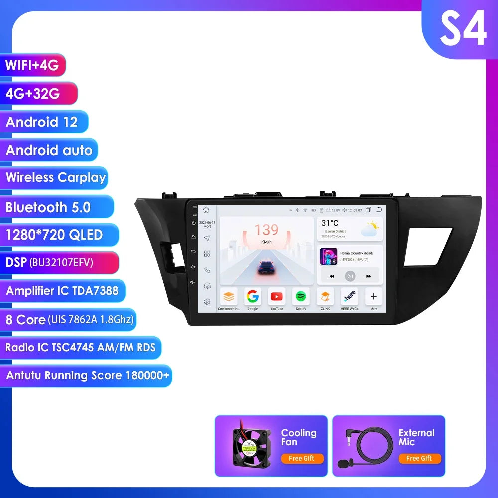 Toyota Corolla 2014-2016 9" Android 14 Carplay Android auto wireless wifi bt gps 4g AUTMCOPZT