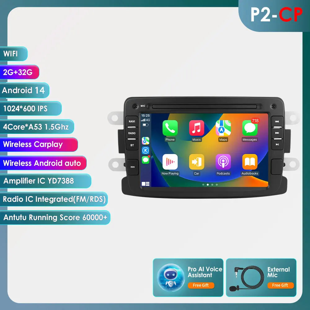 Dacia Logan Dokker Duster Sandero Lodgy Renault Captur 2011-2017 7" Android 14 Carplay Android auto wireless wifi bt gps 4g AUTMSQF6