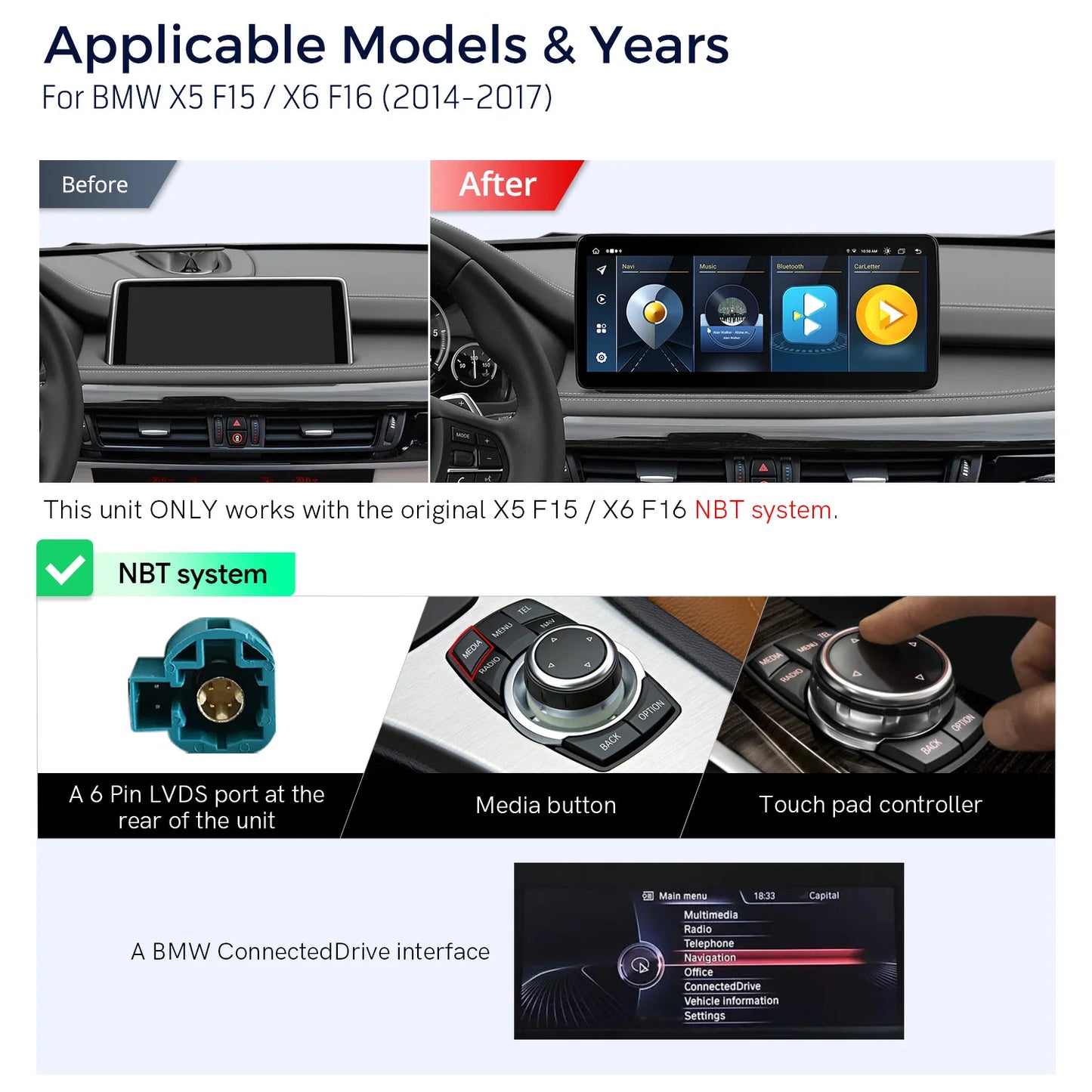 BMW X5 F15 X6 F16 NBT/NBT EVO 12.3'' Android 13 Car Radio 8 Core 4+64GB with 4GLTE CarPlay Android Auto DSP QLB22NB12X5N