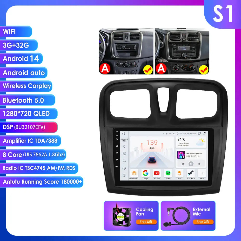 Dacia Logan 2 II Sandero 2 2012-2019 9" Android 14 Carplay Android auto wireless wifi bt gps 4g AUTMH2D9