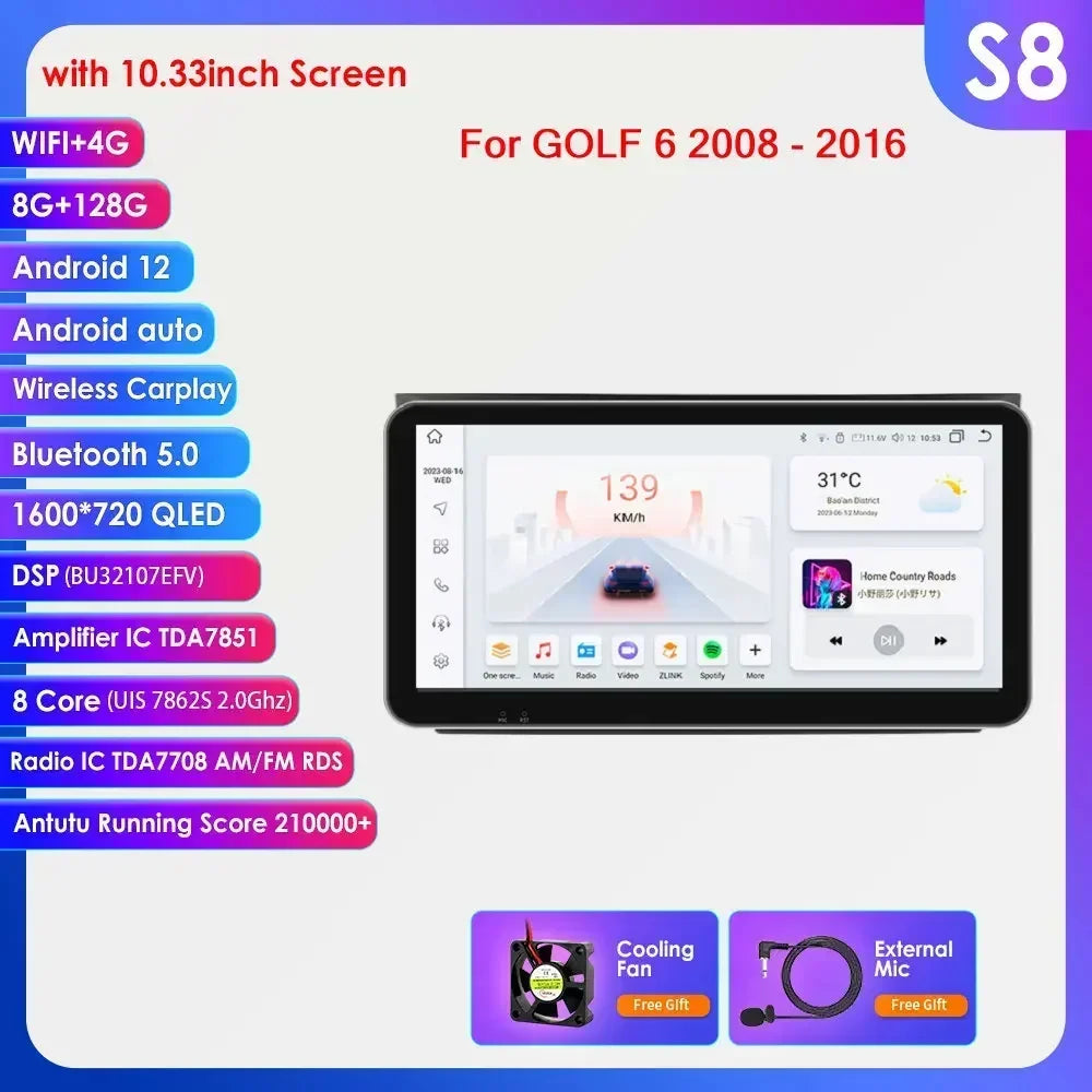 Volkswagen Golf 6 2008 - 2016 9" Android 14 Carplay Android auto wireless wifi bt gps 4g AUTM2L0X