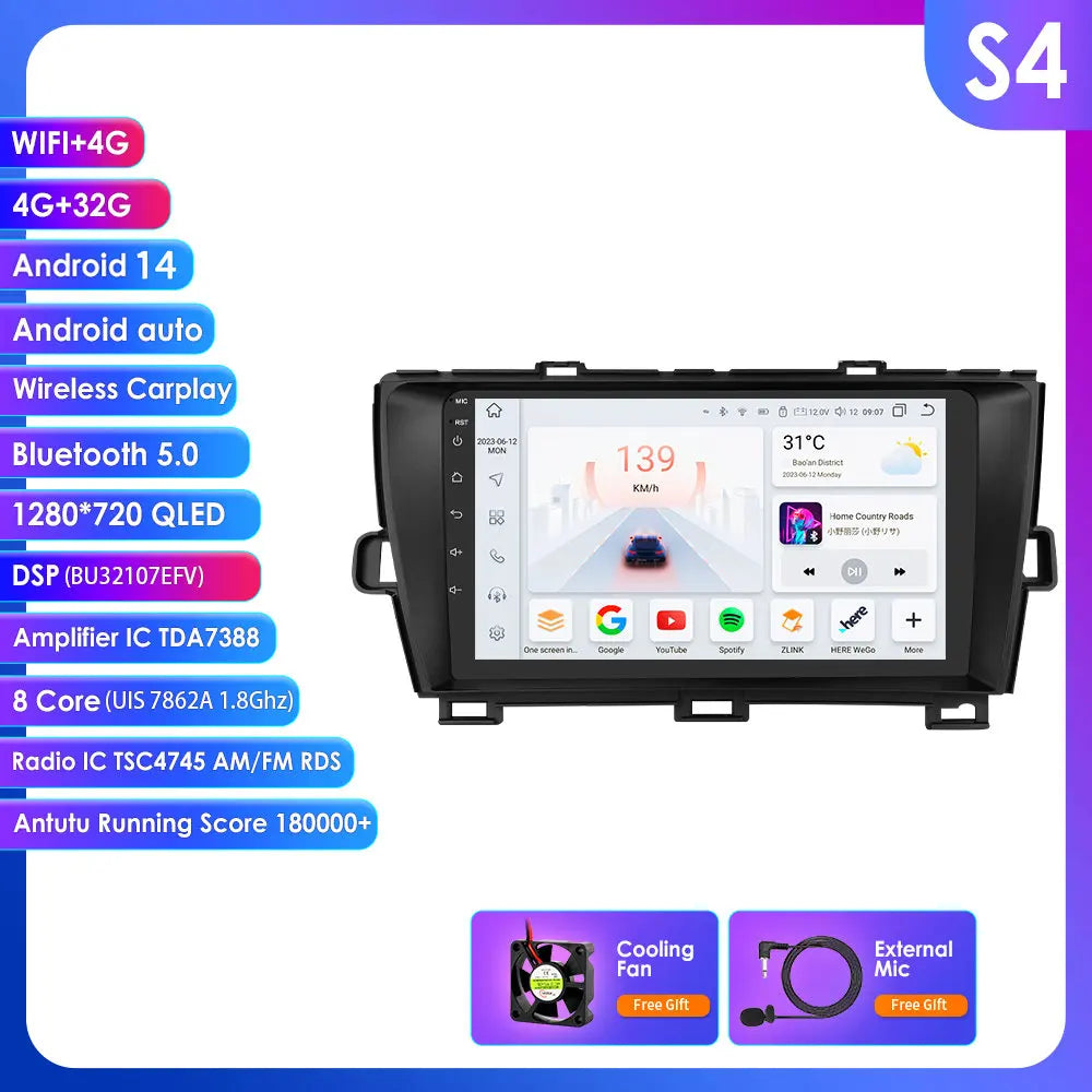 Toyota Prius XW30 2009-2015 9"Android 14 Carplay Android auto wireless wifi bt gps 4g RDS AUTMTAPY