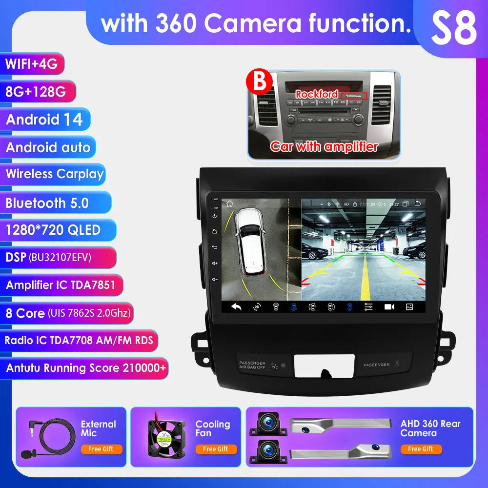 Peugeot 4007 Mitsubishi Outlander 2 Citroen C-Crosser 9" Android 14 Carplay Android auto wireless wifi bt gps 4g AUTMS5Y3