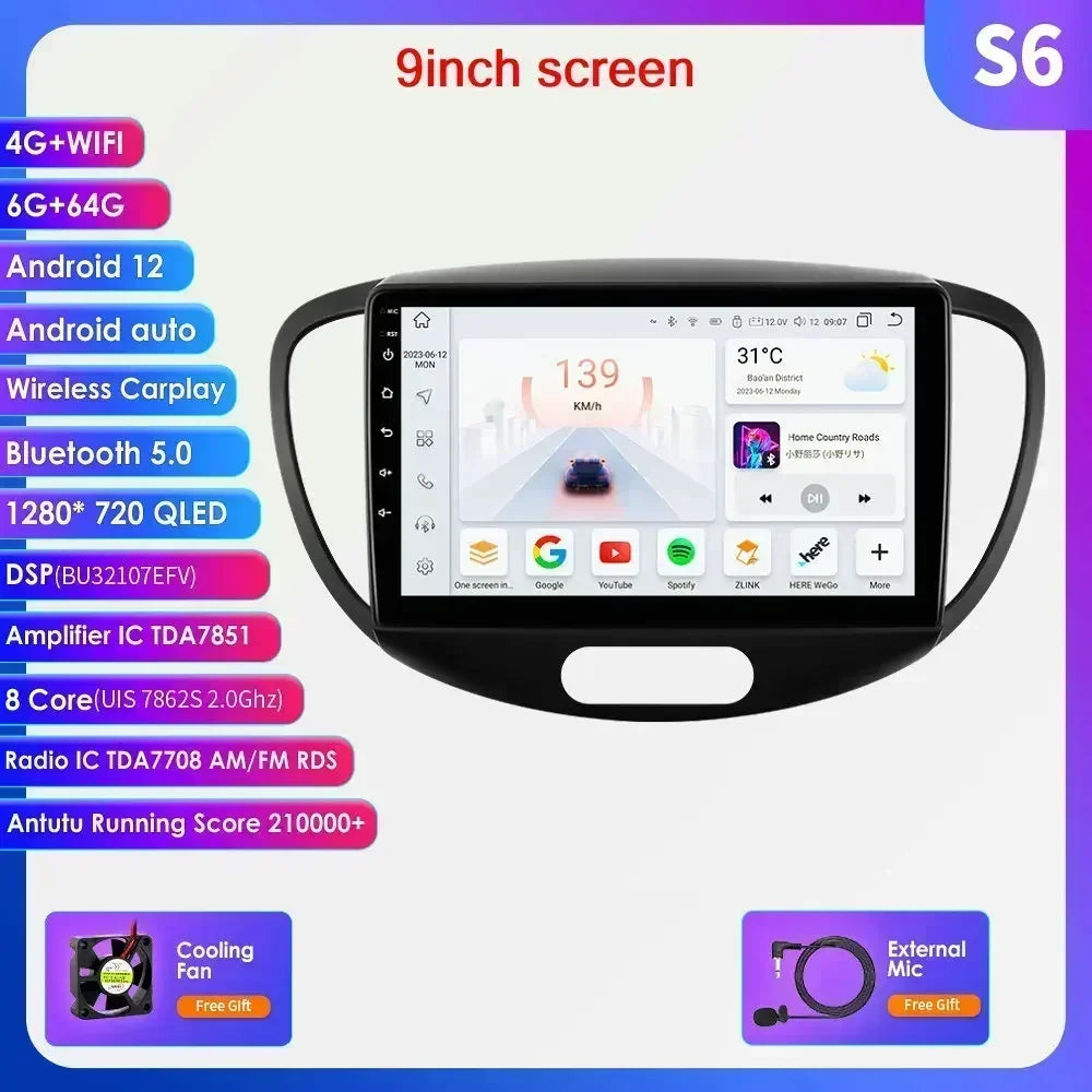 Hyundai I10 2007-2013 9"/10,33" Android 14 Carplay Android auto wireless wifi bt gps 4g AUTMMDSZ