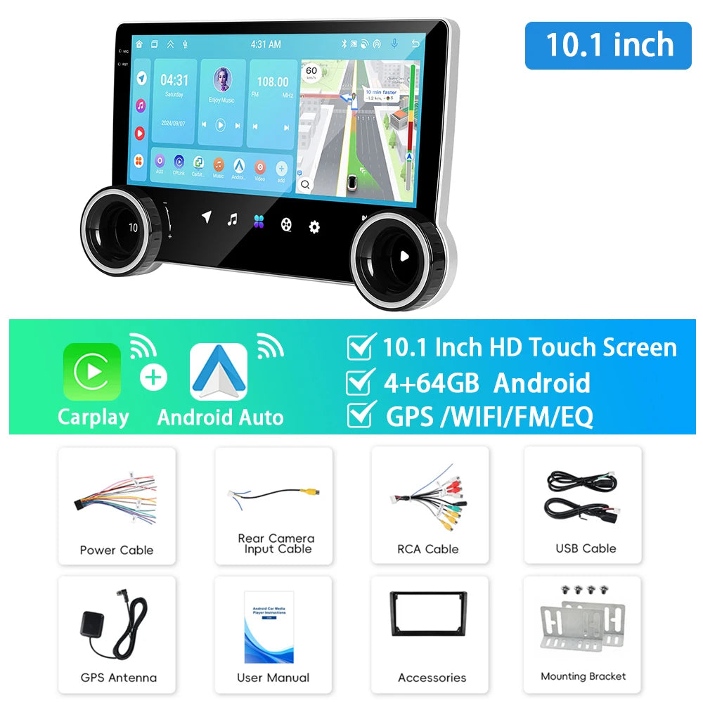 Autoradio 2Din 4+64G/6+128G Quadcore Lettore multimediale da 10,1'' con doppia manopola WIFI Carplay Android Auto Navigazione GPS AUTMUNICXZ