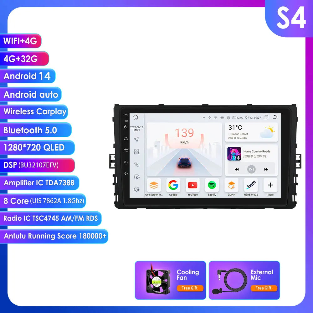 VW MQB Polo Plus T-Cross Zoals T-Kruis T-Roc Tharu Sagitar 9" Android 14 Carplay Android auto wireless wifi bt gps 4g AUTMLMGF