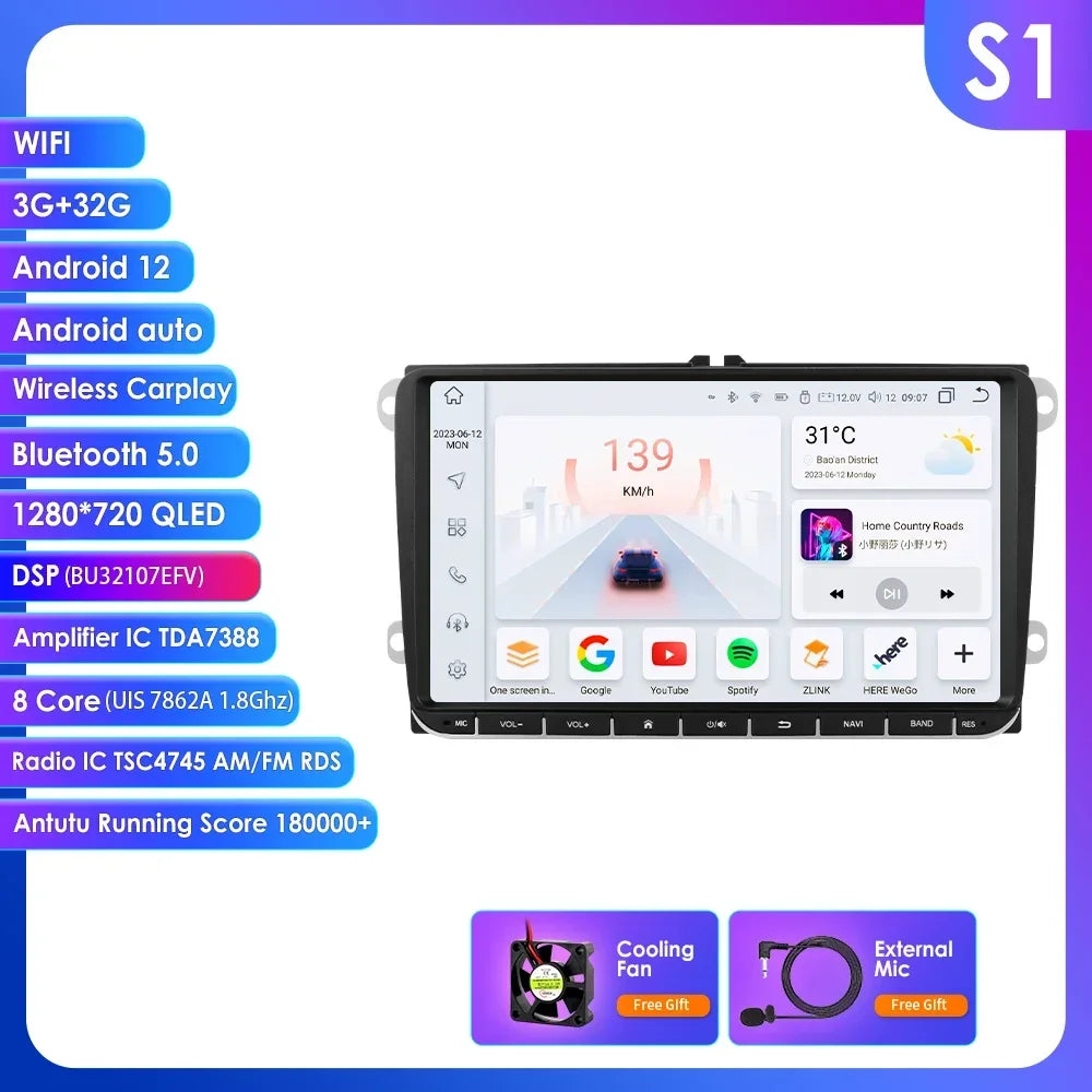 VW/Volkswagen/Golf/Passat/b7/b6/Skoda/Seat/Octavia/Polo/Tiguan 9" Android 14 Carplay Android auto wireless wifi bt gps 4g AUTMZN4F