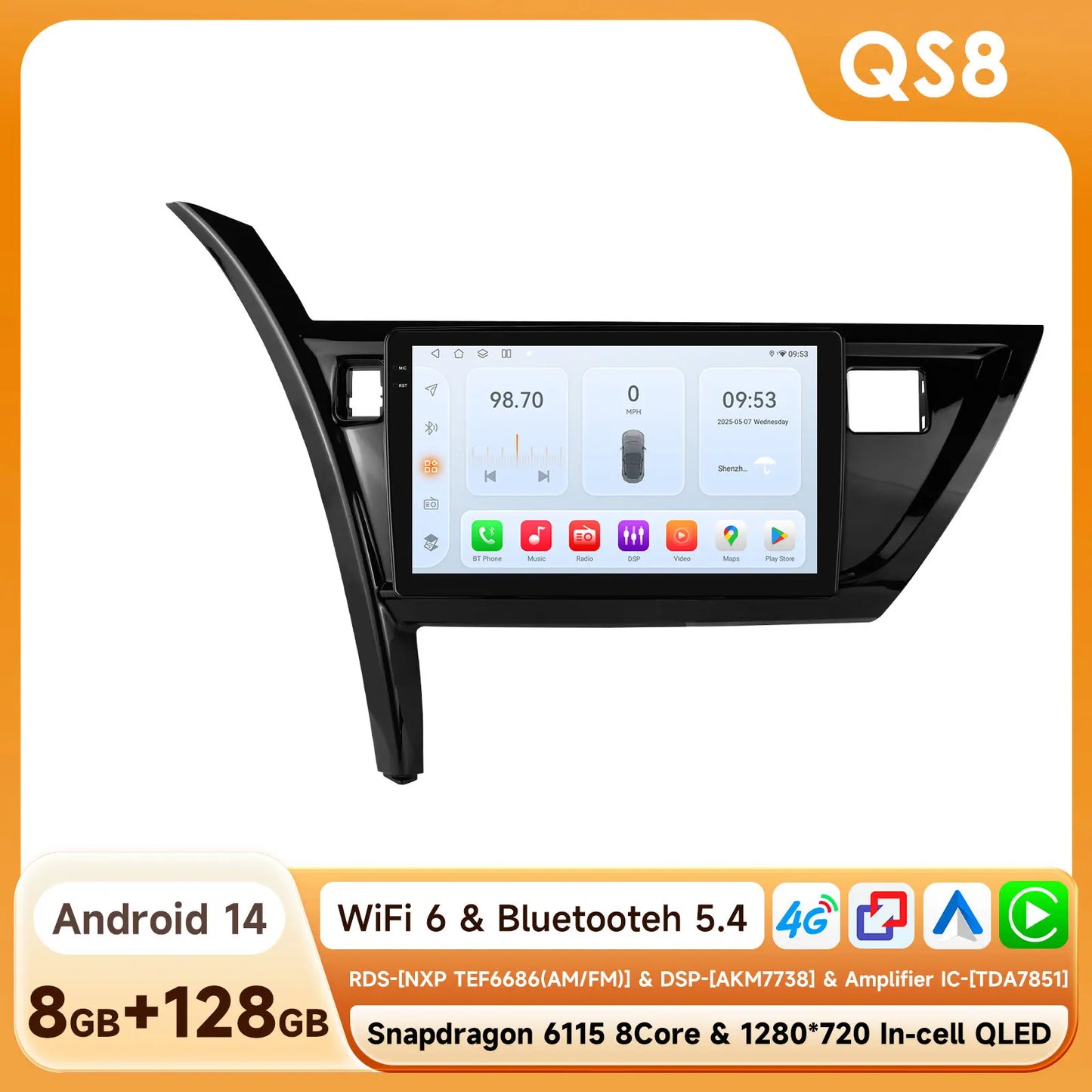 Toyota Auris Corolla 2013-2016 9" Android 14 Carplay Android auto wireless wifi bt gps 4g AUTMRSRTD